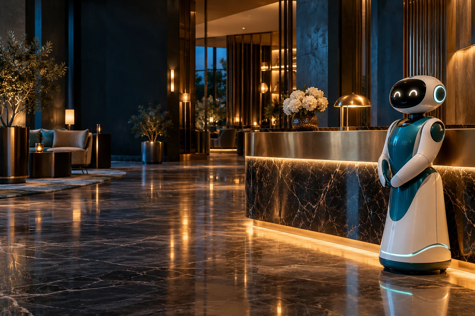 Illustration of a RobotReci robot character at an elegant hotel reception