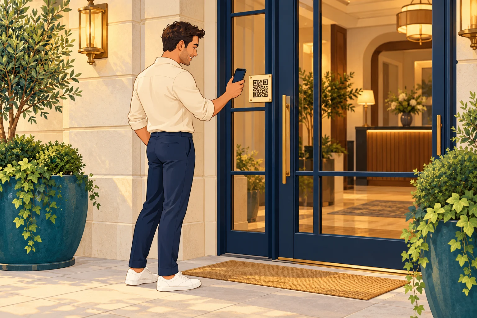 Guest scanning a QR code on the hotel entrance door