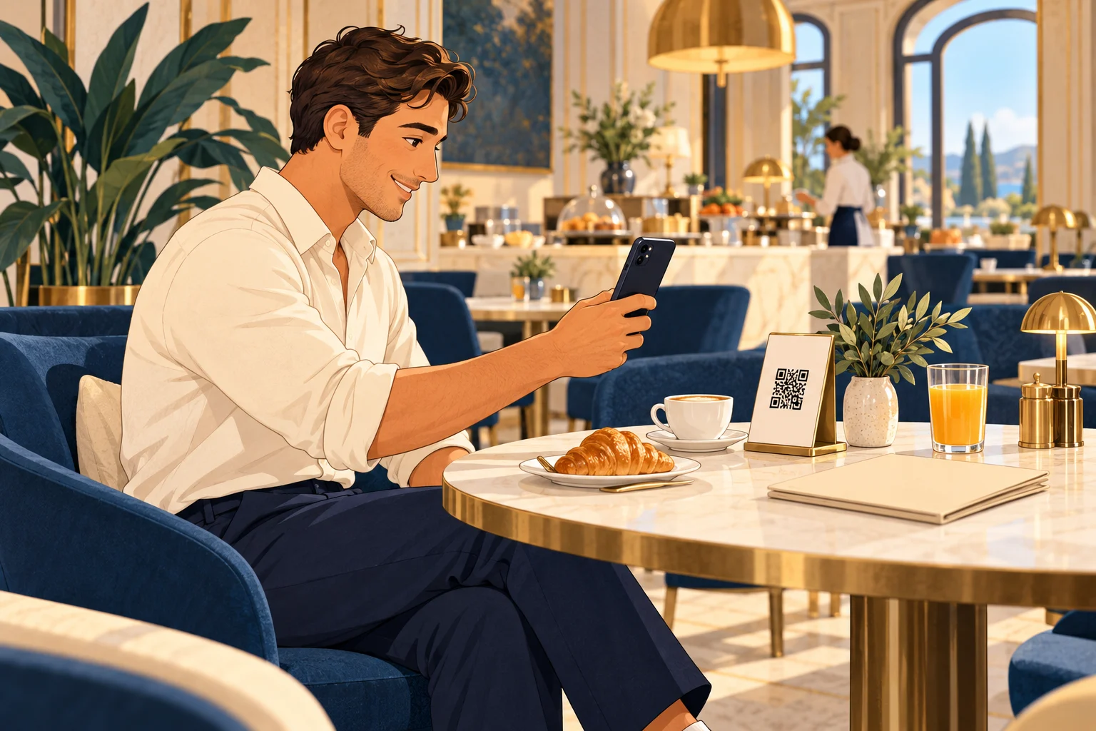 Guest scanning a tabletop QR code at the restaurant
