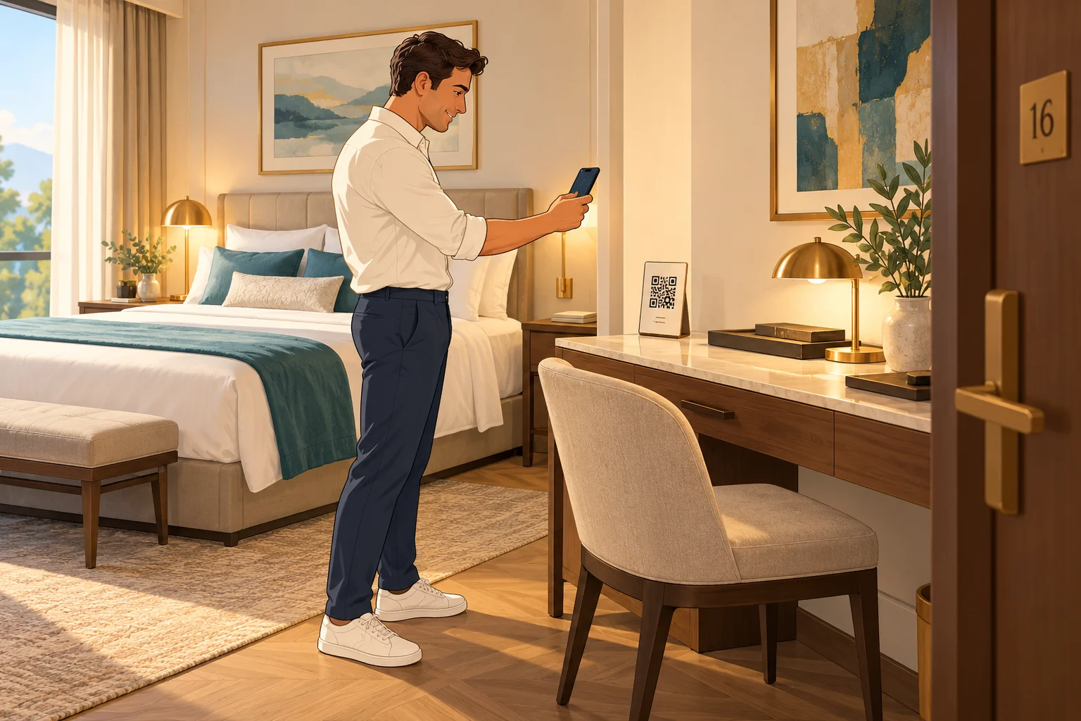 Guest scanning a QR code inside room 16